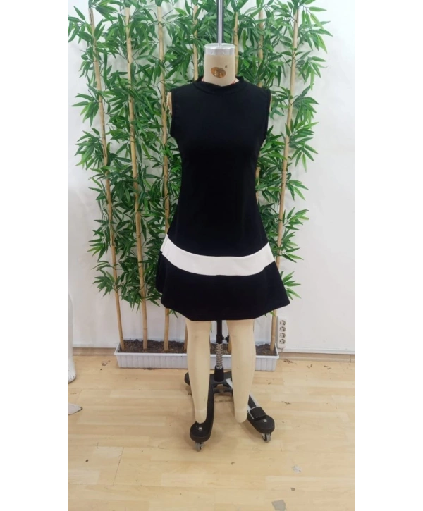 Kadın Sıfır Kol Yarı Balıkçı Yaka şerit Detaylı Ithal Krep Elbise