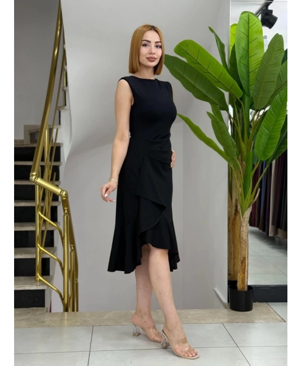 Kadın Sıfır Kollu Belden Büzgülü Eteği Volanlı Asimetrik Kesim Midi Janjan Krep Elbise