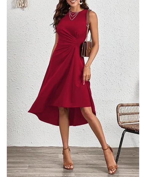 Kadın Sıfır Kollu Bisiklet Yaka Büzgülü Asimetrik Kesim Detaylı Janjan Krep Elbise