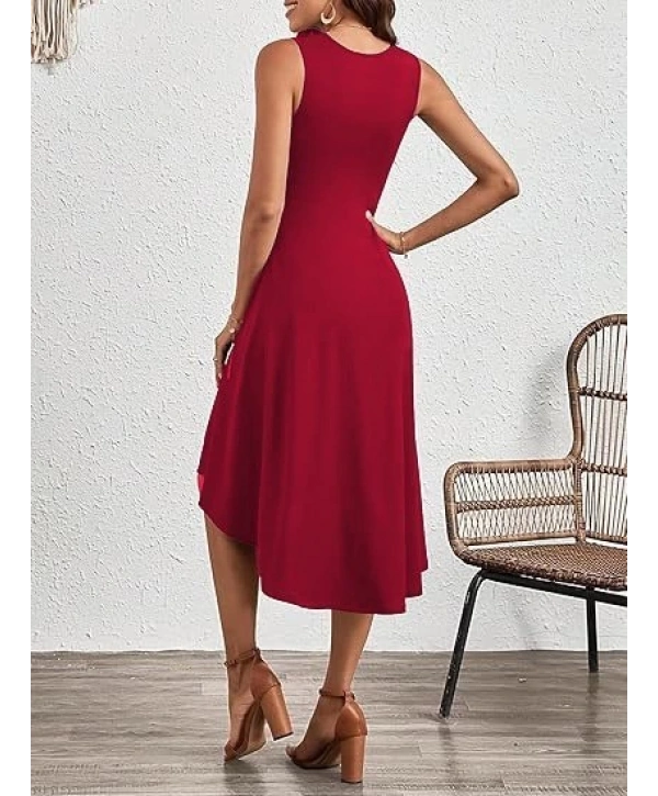 Kadın Sıfır Kollu Bisiklet Yaka Büzgülü Asimetrik Kesim Detaylı Janjan Krep Elbise