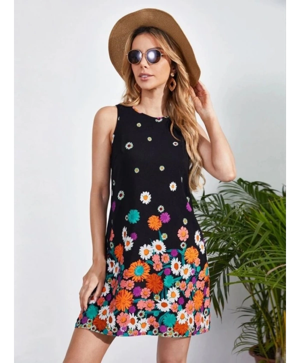 Kadın Sıfır Kollu Bisiklet Yaka çiçek Desenli Süprem Mini Elbise