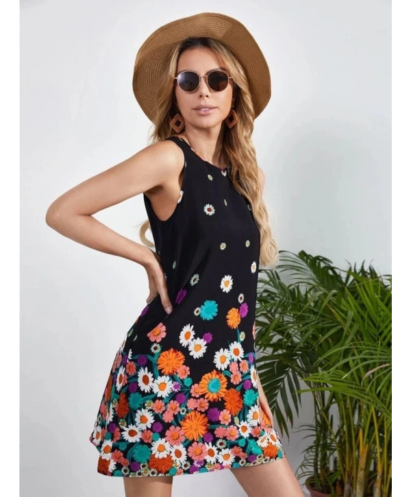 Kadın Sıfır Kollu Bisiklet Yaka çiçek Desenli Süprem Mini Elbise