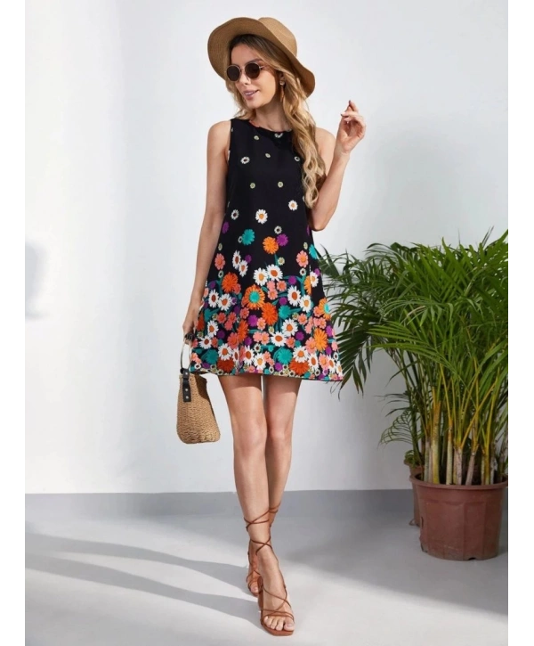 Kadın Sıfır Kollu Bisiklet Yaka çiçek Desenli Süprem Mini Elbise
