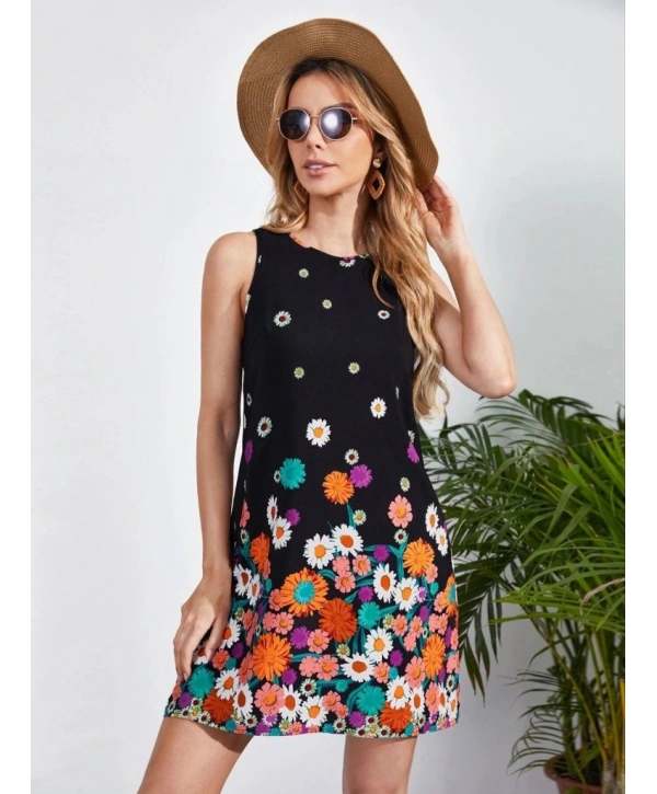 Kadın Sıfır Kollu Bisiklet Yaka çiçek Desenli Süprem Mini Elbise