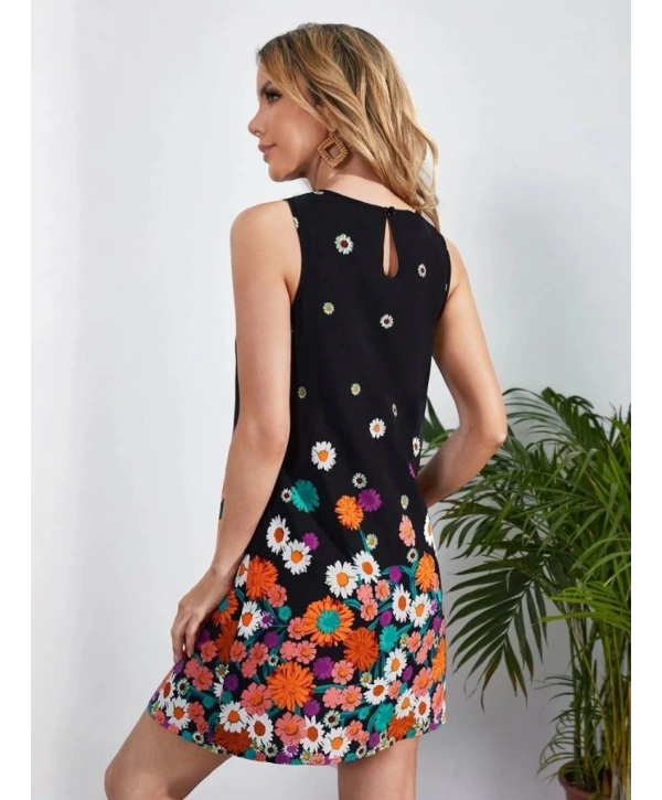 Kadın Sıfır Kollu Bisiklet Yaka çiçek Desenli Süprem Mini Elbise