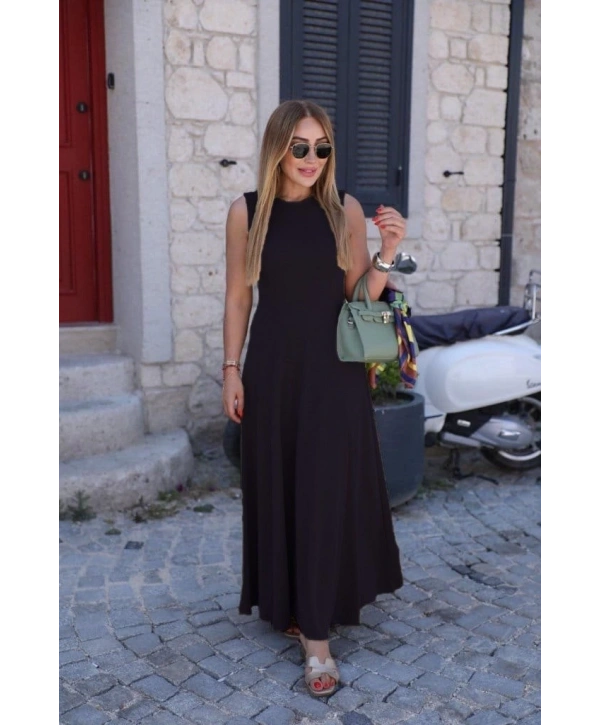 Kadın Sıfır Kollu Bisiklet Yaka Viskon Elbise