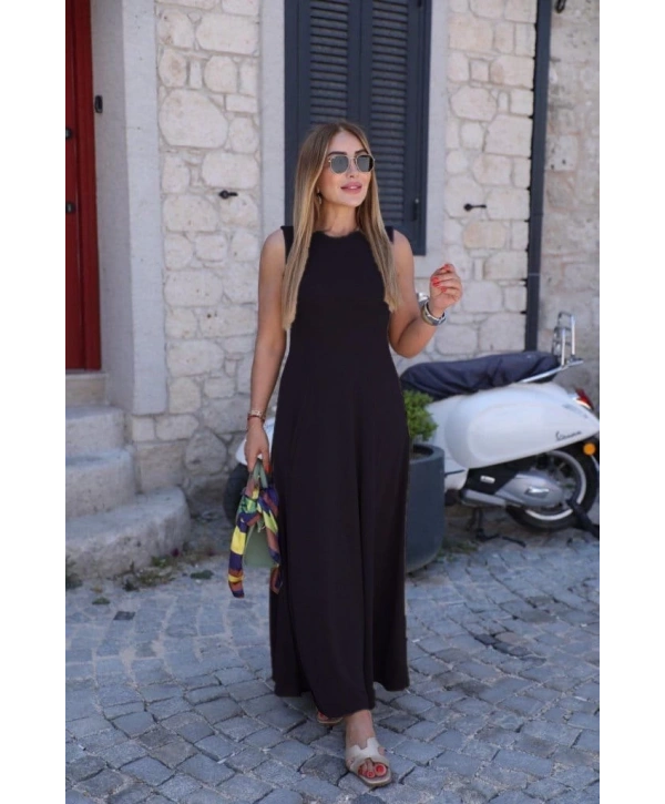 Kadın Sıfır Kollu Bisiklet Yaka Viskon Elbise