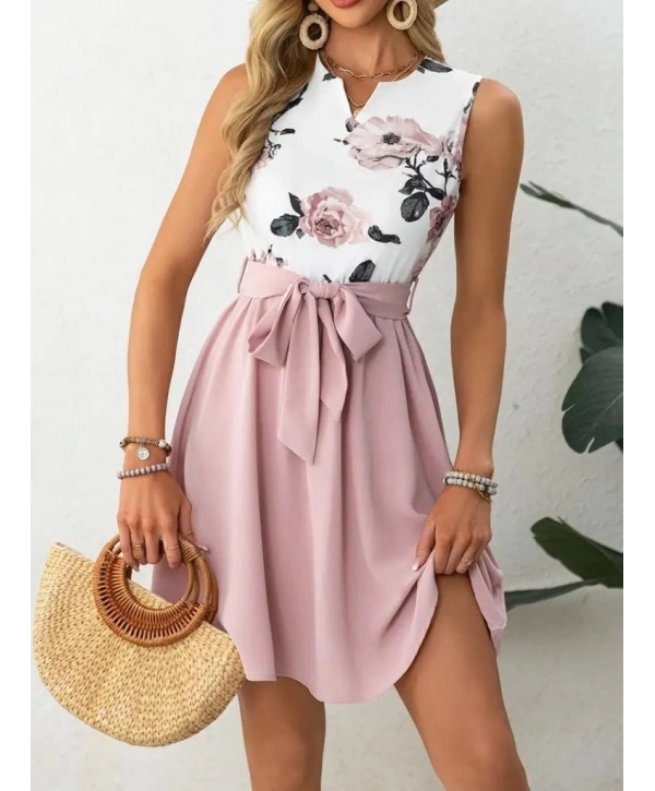 Kadın Sıfır Kollu V Yakalı çiçek Baskılı Beli Kuşaklı Dalgıç Elbise