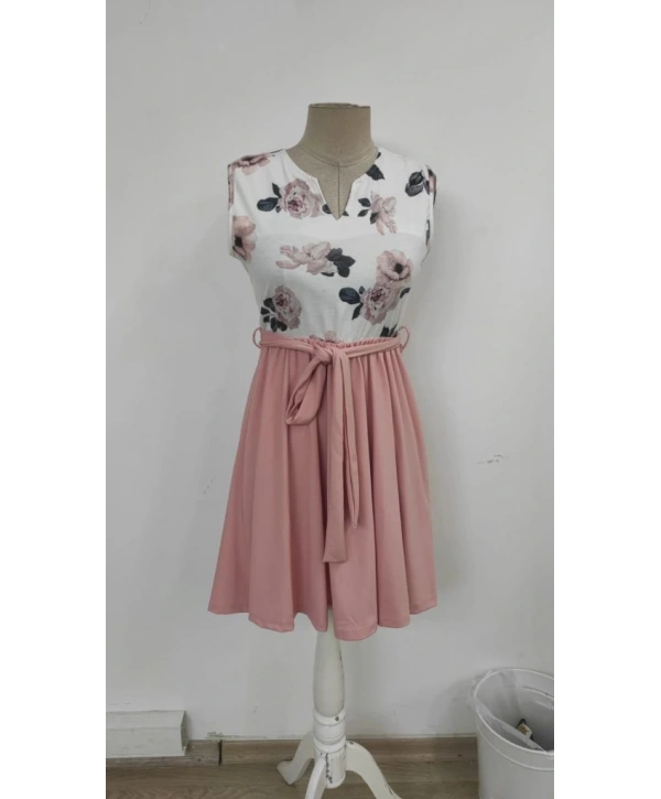 Kadın Sıfır Kollu V Yakalı çiçek Baskılı Beli Kuşaklı Dalgıç Elbise