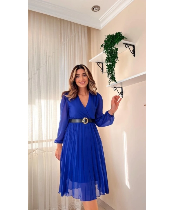 Kadın şifon Kumaş Astalı Kloş Kesim Kruvaze Yaka Midi Boy Elbise