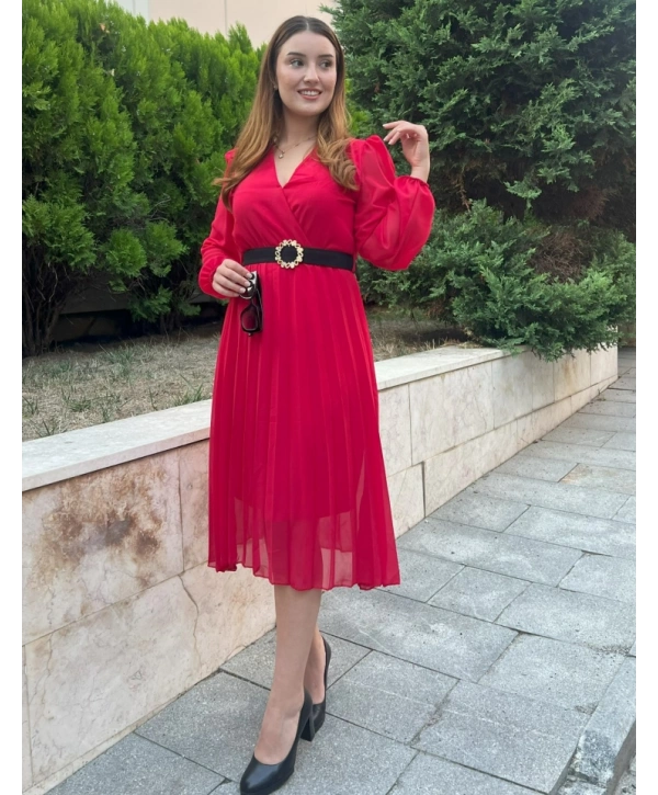 Kadın şifon Kumaş Astalı Kloş Kesim Kruvaze Yaka Midi Boy Elbise