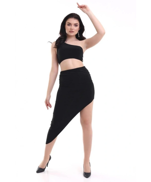 Kadın Tek Omuzlu Asimetrik Etek Şerit Detaylı Fırsat Ürün Sandy Kumaş İkili Takım