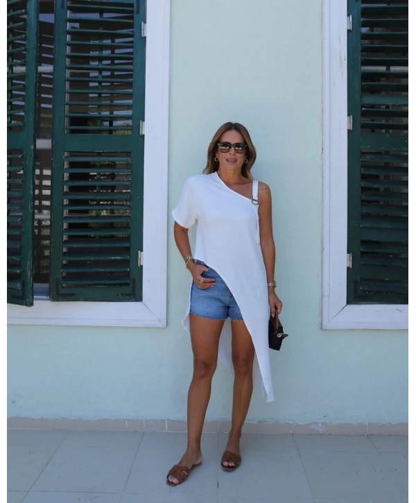 Kadın Tek Omuzu Açık Askılı Asimetrik Kesim Detaylı Bluz