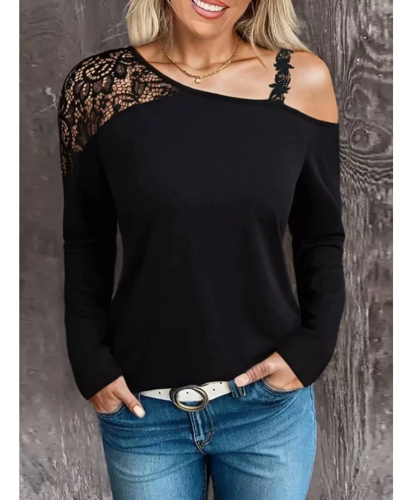 Kadın Tek Omuzu Açık Askılı Dantelli Viskon Bluz