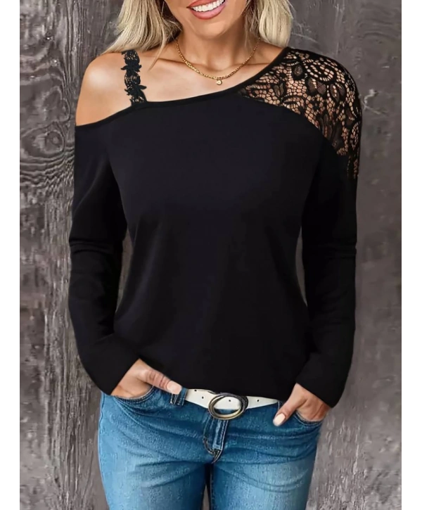 Kadın Tek Omuzu Açık Askılı Dantelli Viskon Bluz