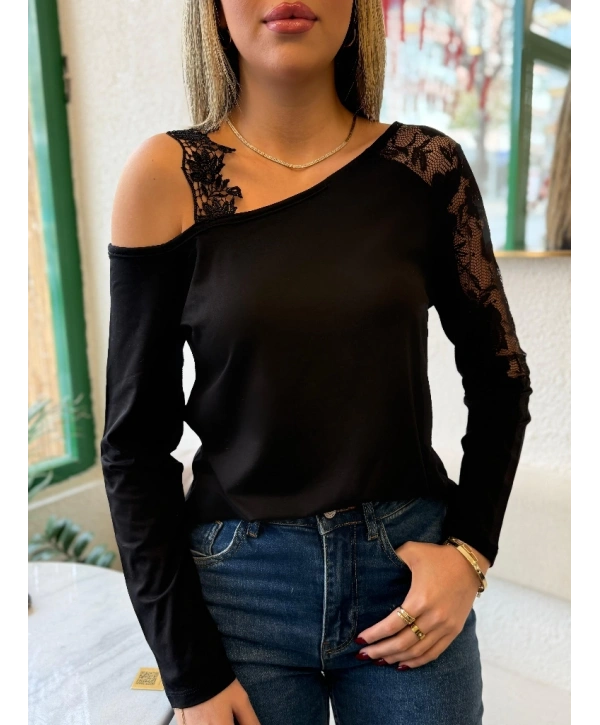Kadın Tek Omuzu Açık Askılı Dantelli Viskon Bluz