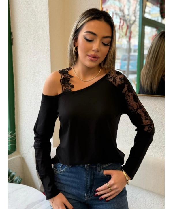 Kadın Tek Omuzu Açık Askılı Dantelli Viskon Bluz