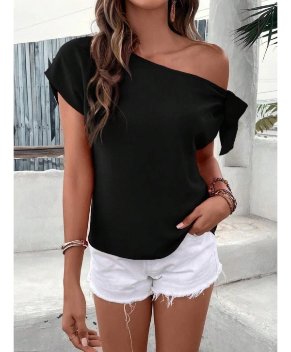 Kadın Tek Omuzu Açık Koldan Bağlamalı Janjan Krep Bluz