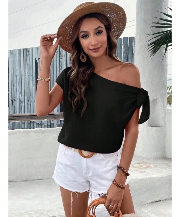 Kadın Tek Omuzu Açık Koldan Bağlamalı Janjan Krep Bluz