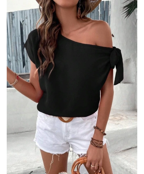 Kadın Tek Omuzu Açık Koldan Bağlamalı Janjan Krep Bluz