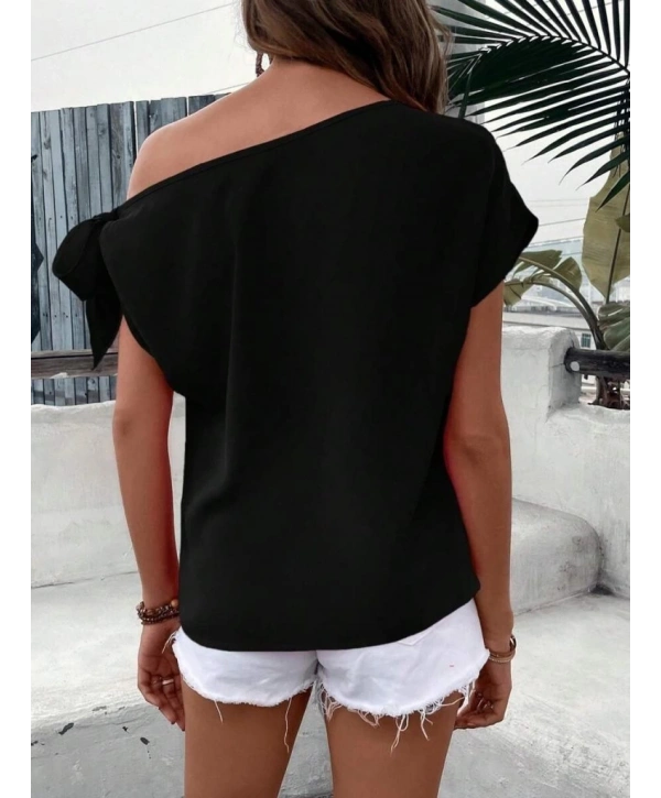 Kadın Tek Omuzu Açık Koldan Bağlamalı Janjan Krep Bluz