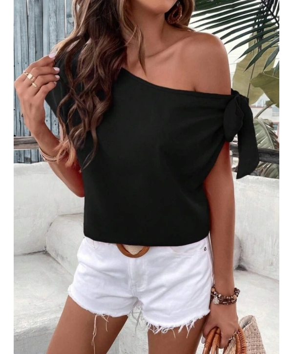 Kadın Tek Omuzu Açık Koldan Bağlamalı Janjan Krep Bluz