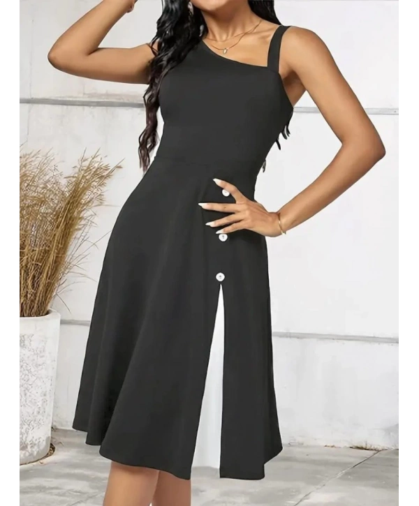 Kadın Tek Omuzu şerit Detaylı Kolsuz Yandan Düğme Detaylı Janjan Krep Elbise