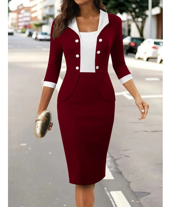Kadın Truvakar Kol çift Renkli Düğmeli Kısa Ithal Krep Elbise