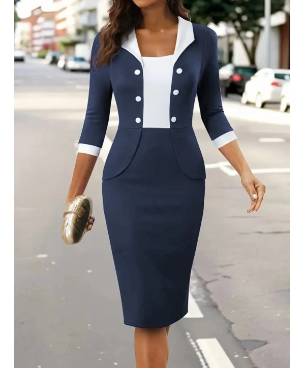 Kadın Truvakar Kol çift Renkli Düğmeli Kısa Ithal Krep Elbise