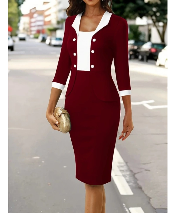 Kadın Truvakar Kol çift Renkli Düğmeli Kısa Ithal Krep Elbise