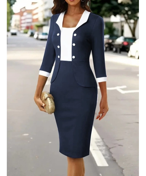 Kadın Truvakar Kol çift Renkli Düğmeli Kısa Ithal Krep Elbise