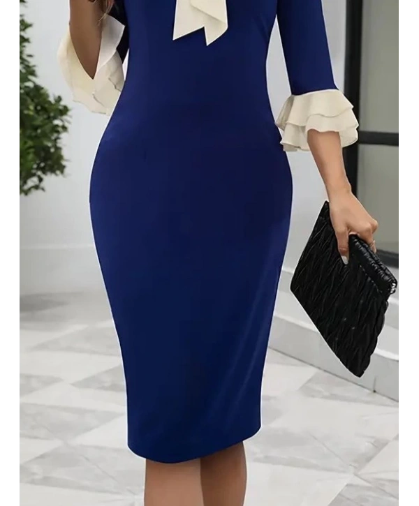 Kadın Truvakar Kollu Fiyonk Yakalı Midi Ithal Krep Elbise