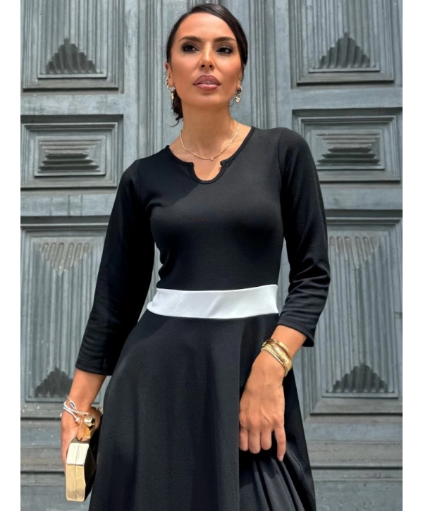 Kadın Truvakarkol Yakası Açık Blok Renkli Krep Midi Elbise