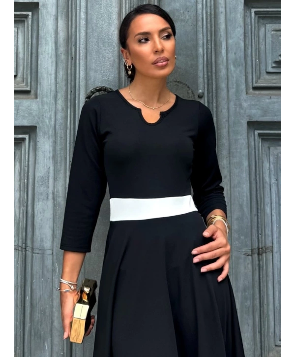 Kadın Truvakarkol Yakası Açık Blok Renkli Krep Midi Elbise