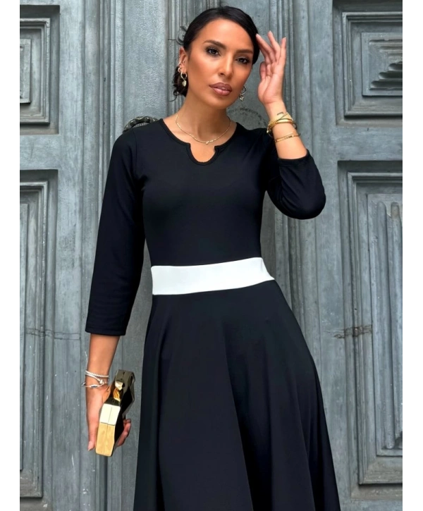 Kadın Truvakarkol Yakası Açık Blok Renkli Krep Midi Elbise