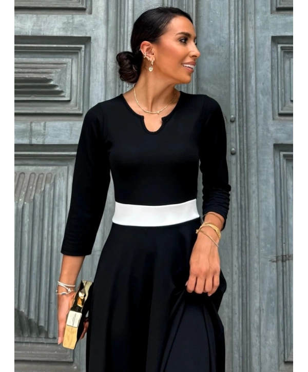 Kadın Truvakarkol Yakası Açık Blok Renkli Krep Midi Elbise