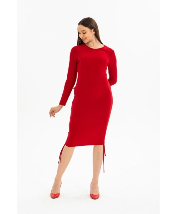 Kadın Uzun Kol Büzgü Detaylı Sandy Kumaş Ayarlanabilir Boy Fırsat Ürün Elbise