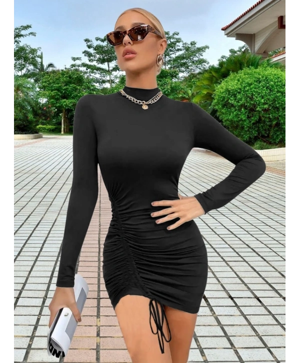 Kadın Uzun Kol Sağ Belden Sol Etek Ucuna Doğru Hafif çapraz Büzgülü Sandy Mini Boy Elbise