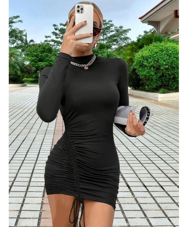 Kadın Uzun Kol Sağ Belden Sol Etek Ucuna Doğru Hafif çapraz Büzgülü Sandy Mini Boy Elbise