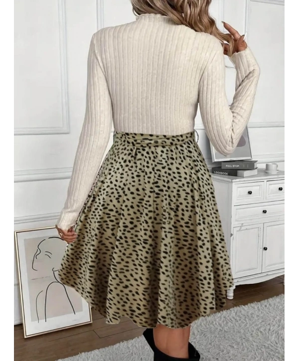 Kadın Uzun Kollu Balıkçı Yaka Belden Bağlamalı üst Kaşkorse Eteği Dalgıç Elbise