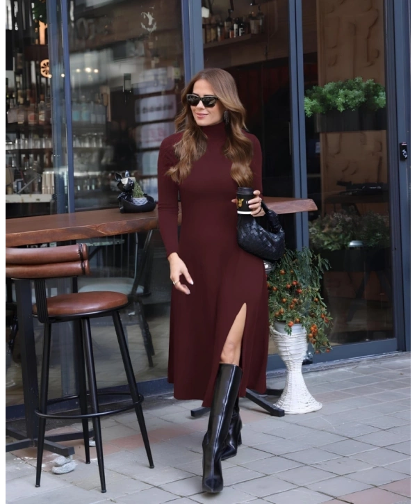 Kadın Uzun Kollu Balıkçı Yaka Derin Yırtmaç Detay Modal Elbise