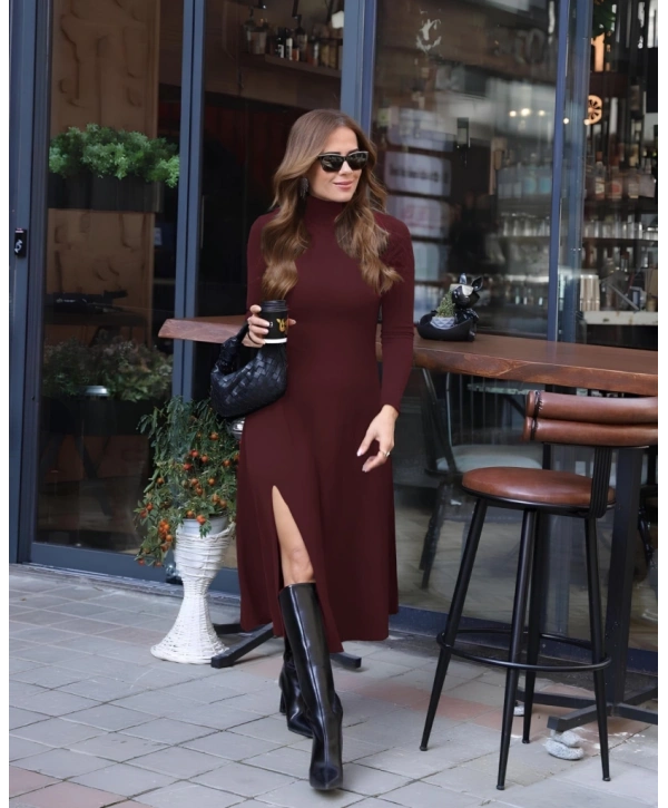 Kadın Uzun Kollu Balıkçı Yaka Derin Yırtmaç Detay Modal Elbise