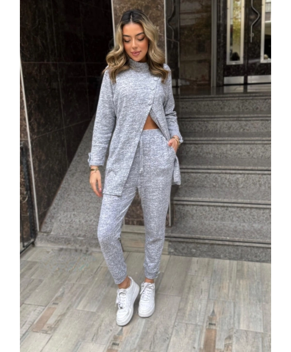 Kadın Uzun Kollu Balıkçı Yaka önden Düğmeli Bluz Ve Pantolon Yumoş Ikili Takım