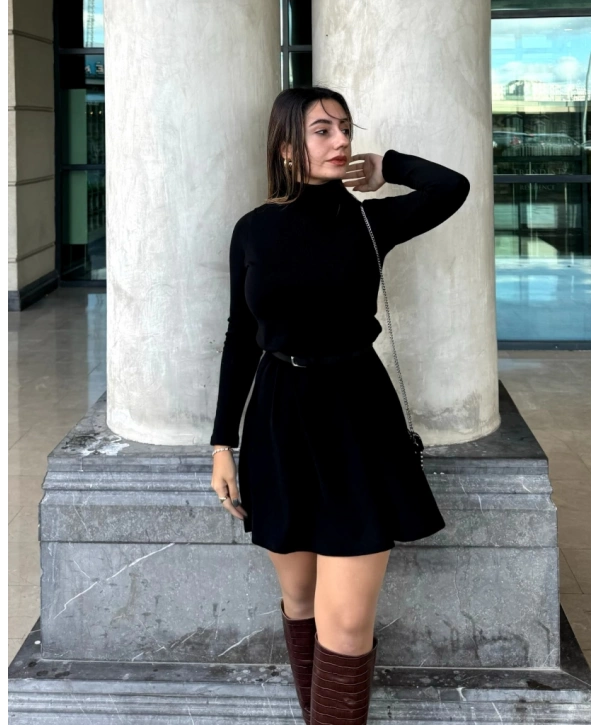 Kadın Uzun Kollu Balıkçı Yaka Salaş Kusa Akrilik Elbise