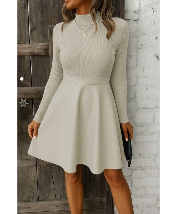 Kadın Uzun Kollu Balıkçı Yaka üst Kaşkorse Alt Deri Detaylı Mini Elbise