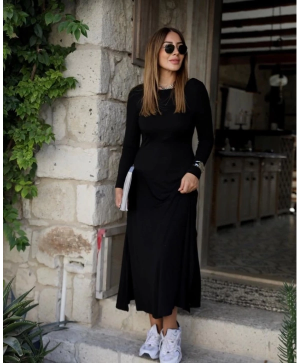 Kadın Uzun Kollu Bisiklet Yaka Arkası çapraz Detaylı Viskon Iki Iplik Maxi Elbise