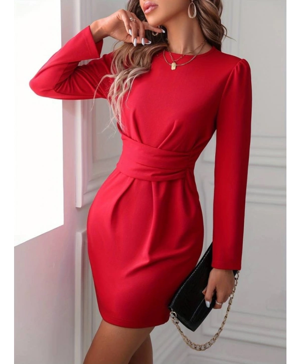 Kadın Uzun Kollu Bisiklet Yaka Bel Kemer Detay Ithal Krep Elbise