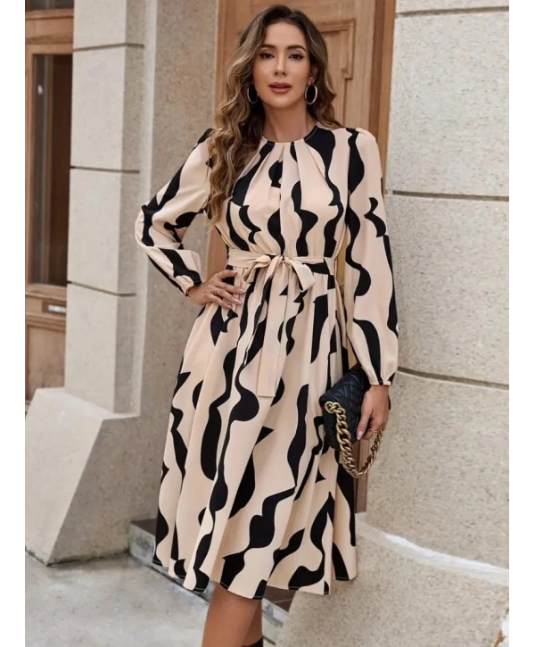 Kadın Uzun Kollu Bisiklet Yaka Belden Bağlamalı Desenli Belden Kuşaklı Mikro Süprem Midi Elbise