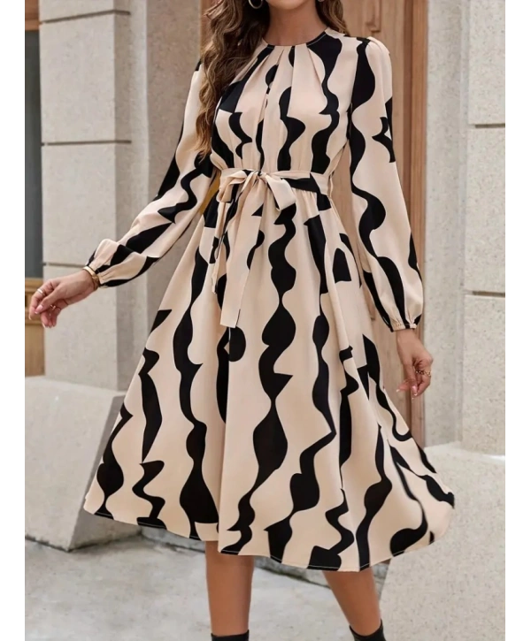 Kadın Uzun Kollu Bisiklet Yaka Belden Bağlamalı Desenli Belden Kuşaklı Mikro Süprem Midi Elbise