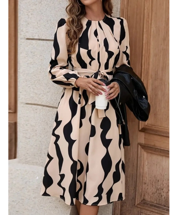Kadın Uzun Kollu Bisiklet Yaka Belden Bağlamalı Desenli Belden Kuşaklı Mikro Süprem Midi Elbise